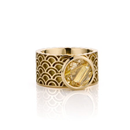 Art Deco, patroon, roodgoud, 18 karaat, uniek, hangemaakt, ring, geelgoud, rutielkwarts