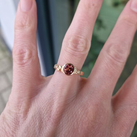 Bloemen, tuin, goud, ring, toermalijn, verlovingsring, roze